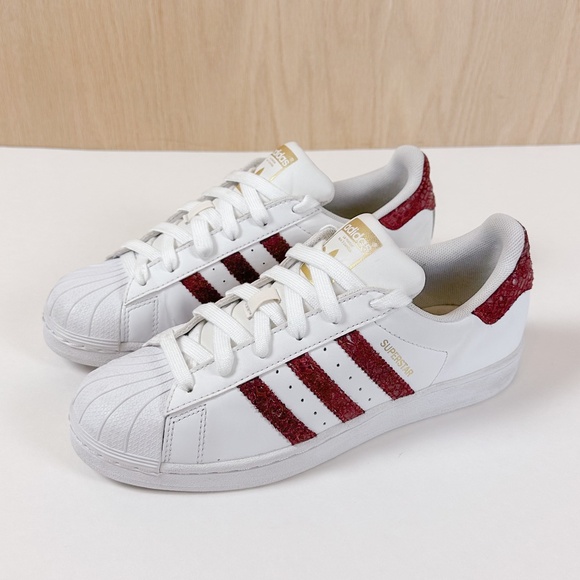 adidas Shoes - Adidas Superstar Sneakers White & Maroon Snake Texture Women’s 7